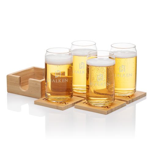 Corporate Recognition Gifts - Etched Barware - Bamboo Coaster Gift Set - Beer Can