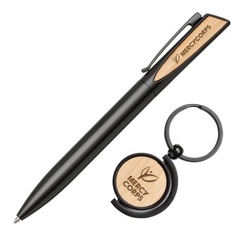 Corporate Recognition Gifts - Executive Gifts - Alban Aluminium Pen w/Bamboo Keyring Set