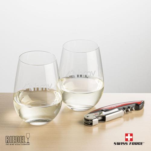 Corporate Recognition Gifts - Etched Barware - Swiss Force&reg; Opener & RIEDEL Stemless Wine