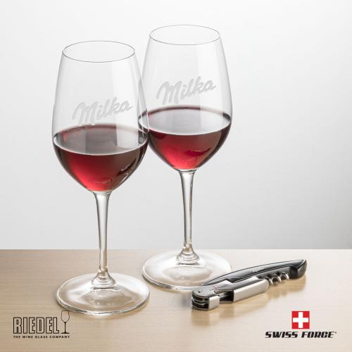 Corporate Recognition Gifts - Etched Barware - Swiss Force&reg; Opener & RIEDEL Oenologue Wine