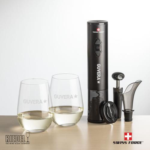 Corporate Recognition Gifts - Etched Barware - Swiss Force&reg; Opener Set & RIEDEL Stemless Wine