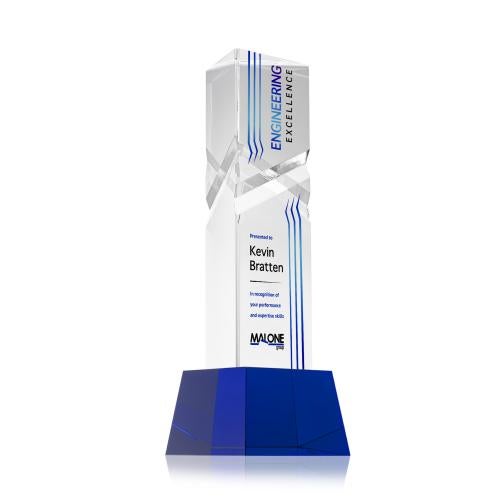Corporate Awards - Crystal Awards - Oakham Full Color Blue on Robson Base Obelisk Crystal Award