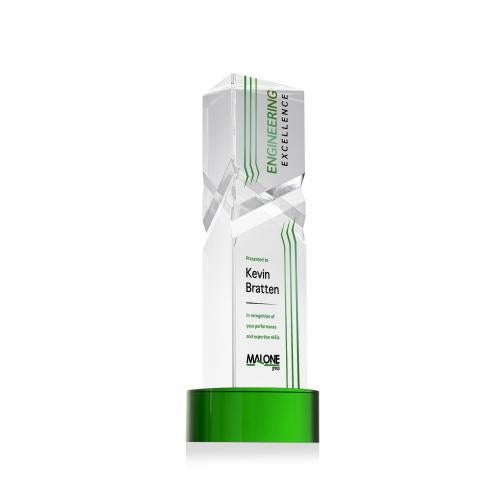 Corporate Awards - Crystal Awards - Oakham Full Color Green on Stanrich Base Obelisk Crystal Award