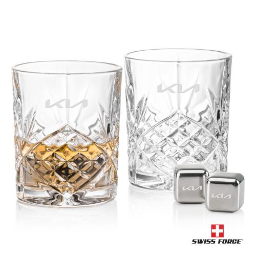 Corporate Recognition Gifts - Etched Barware - Swiss Force&reg; S/S Ice Cubes & 2 Brinkley OTR