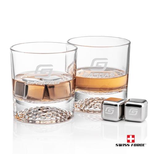 Corporate Recognition Gifts - Etched Barware - Swiss Force&reg; S/S Ice Cubes & 2 Fairway OTR