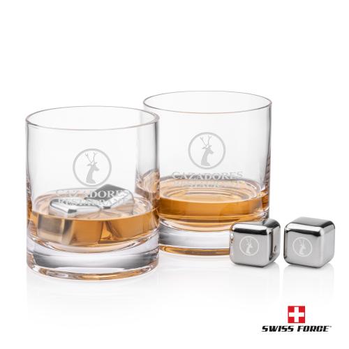 Corporate Recognition Gifts - Etched Barware - Swiss Force&reg; S/S Ice Cubes & 2 Riviera OTR