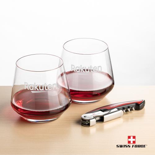 Corporate Recognition Gifts - Etched Barware - Swiss Force&reg; Opener & Tucson Stemless Wine