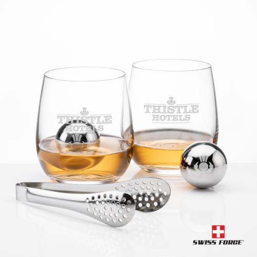 Corporate Recognition Gifts - Etched Barware - Swiss Force&reg; S/S Balls & 2 Gibson OTR