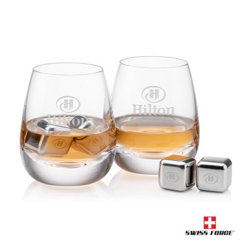 Corporate Recognition Gifts - Etched Barware - Swiss Force&reg; S/S Ice Cubes & 2 Dimasio OTR