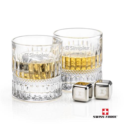 Corporate Recognition Gifts - Etched Barware - Swiss Force&reg; S/S Ice Cubes & 2 Hathaway OTR