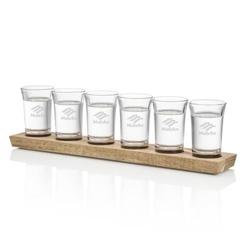 Corporate Recognition Gifts - Etched Barware - Shot Glasses Set on Acacia - Deep Etch