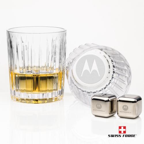 Corporate Recognition Gifts - Etched Barware - Swiss Force&reg; S/S Ice Cubes & 2 Hartmann OTR