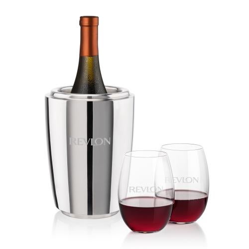 Corporate Recognition Gifts - Etched Barware - Pescara Wine Cooler & Carlita Stemless Wine Set