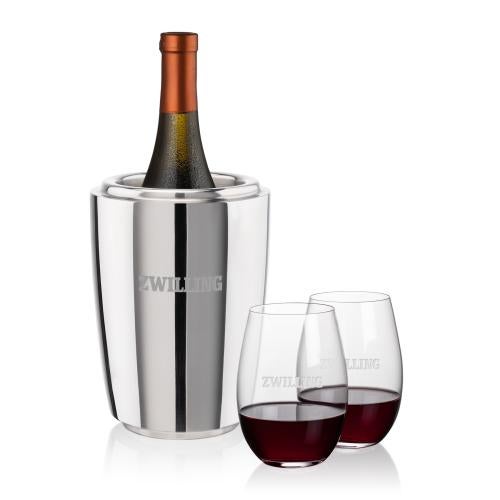 Corporate Recognition Gifts - Etched Barware - Pescara Wine Cooler & Laurent Stemless Wine Set