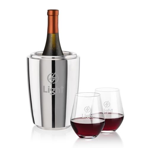 Corporate Recognition Gifts - Etched Barware - Pescara Wine Cooler & Reina Stemless Wine Set