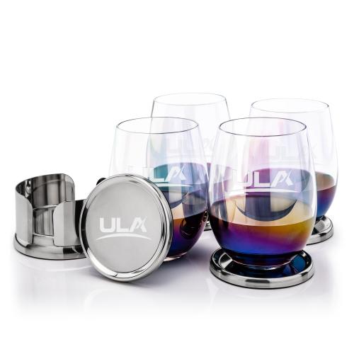 Corporate Recognition Gifts - Etched Barware - Baldoni Coasters & Miami Stemless Wine Set