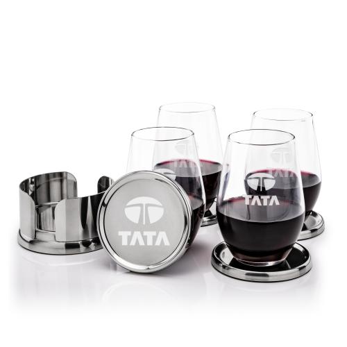 Corporate Recognition Gifts - Etched Barware - Baldoni Coasters & Vale Stemless Wine Set