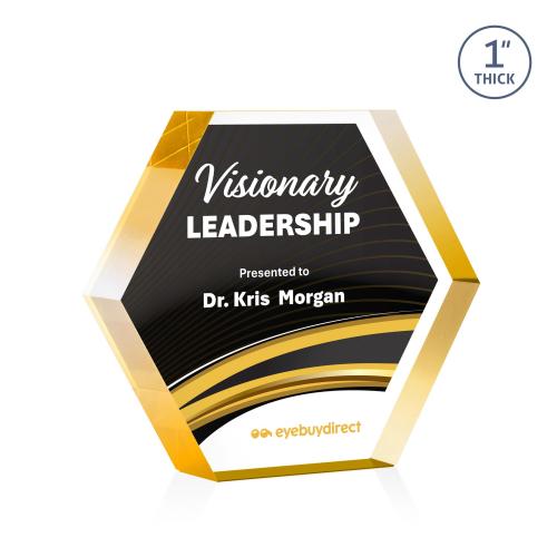 Corporate Awards - Acrylic Awards - Markville Hexagon Full Color Gold Acrylic Award