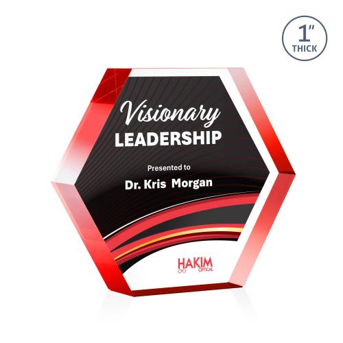 Corporate Awards - Acrylic Awards - Markville Hexagon Full Color Red Acrylic Award