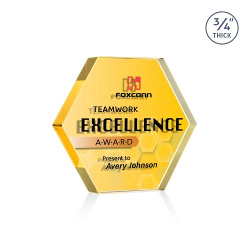 Corporate Awards - Crystal Awards - Gilford Hexagon Full Color Double Sided Gold Crystal Award