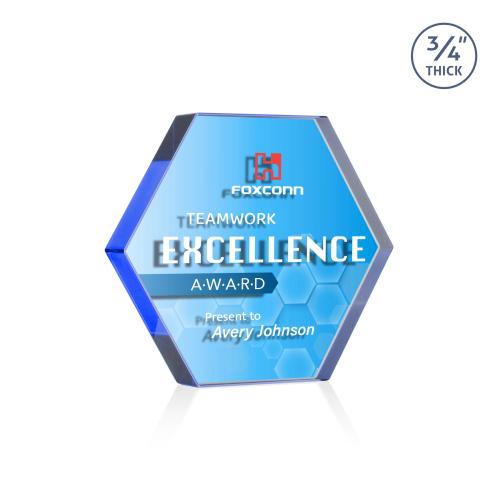 Corporate Awards - Crystal Awards - Gilford Hexagon Full Color Double Sided Blue Crystal Award