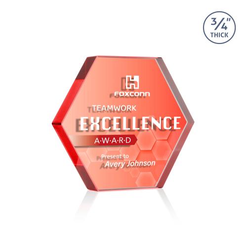 Corporate Awards - Crystal Awards - Gilford Hexagon Full Color Double Sided  Red Crystal Award