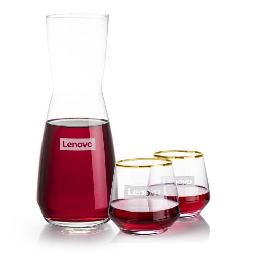 Mason Carafe & Tucson Gold Rim Stemless Wine Corporate Recognition Gifts - Etched Barware - Mason Carafe & Tucson Gold Rim Stemless Wine