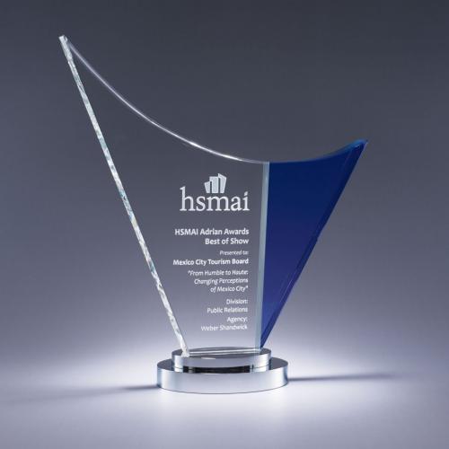 Corporate Awards - Crystal Awards - Colored Crystal - Blue & Clear Optical Crystal Wave Award on Chrome Base
