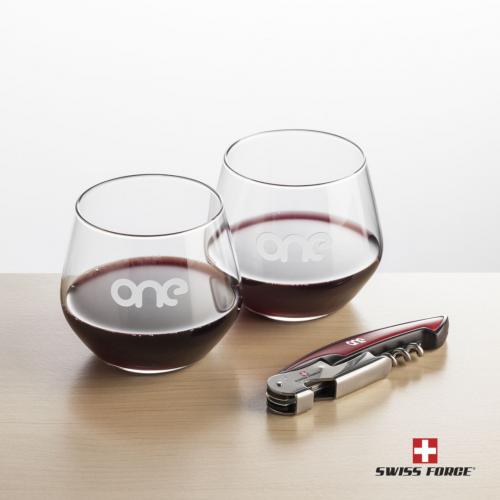 Corporate Gifts, Recognition Gifts and Desk Accessories - Etched Barware - Wine Glasses - Stemless Wine Glasses - Swiss Force® Opener & 2 Mandelay Stemless
