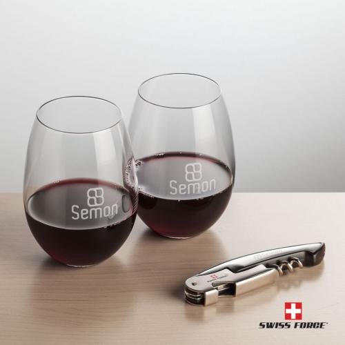 Corporate Gifts, Recognition Gifts and Desk Accessories - Etched Barware - Wine Glasses - Stemless Wine Glasses - Swiss Force® Opener & 2 Carlita Stemless