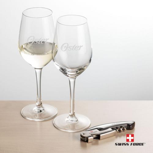 Corporate Gifts, Recognition Gifts and Desk Accessories - Etched Barware - Wine Glasses - Swiss Force® Opener & 2 Lethbridge Wine