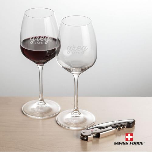 Corporate Gifts, Recognition Gifts and Desk Accessories - Etched Barware - Wine Glasses - Swiss Force® Opener & 2 Oldham Wine