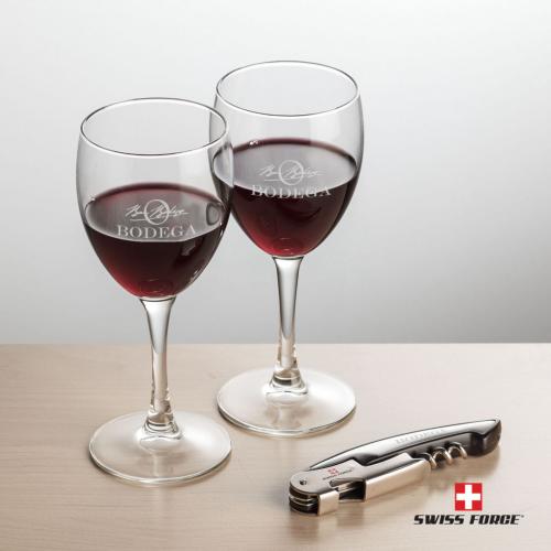 Corporate Gifts, Recognition Gifts and Desk Accessories - Etched Barware - Wine Glasses - Swiss Force® Opener & 2 Carberry Wine