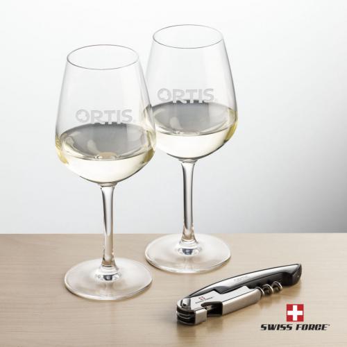 Corporate Gifts, Recognition Gifts and Desk Accessories - Etched Barware - Wine Glasses - Swiss Force® Opener & 2 Mandelay Wine