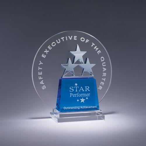 Corporate Awards - Crystal Awards - Star Awards - Galactic Blue & Clear Optical Crystal Award with Chrome Stars