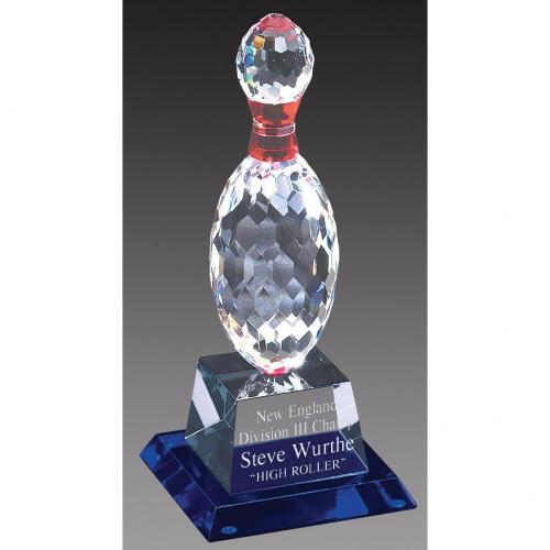 Corporate Awards - Crystal Awards - Colored Crystal - Optical Crystal Bowling Pin Trophy on Clear & Blue Crystal Base