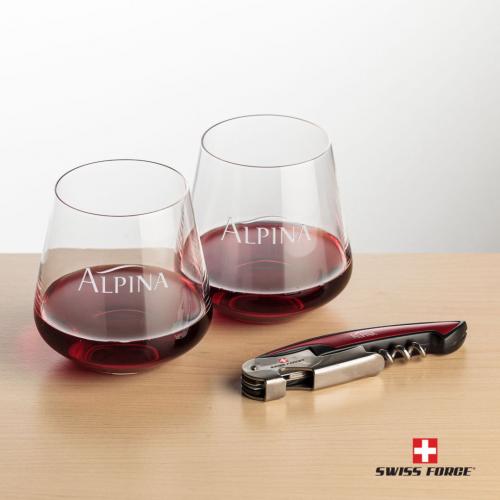 Corporate Gifts, Recognition Gifts and Desk Accessories - Etched Barware - Wine Glasses - Stemless Wine Glasses - Swiss Force® Opener & 2 Cannes Stemless