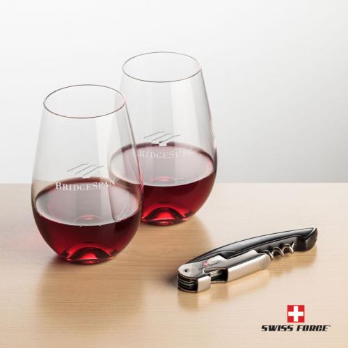 Corporate Gifts, Recognition Gifts and Desk Accessories - Etched Barware - Wine Glasses - Stemless Wine Glasses - Swiss Force® Opener & 2 Boston Stemless