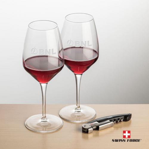 Corporate Gifts, Recognition Gifts and Desk Accessories - Etched Barware - Wine Glasses - Swiss Force® Opener & 2 Brunswick Wine