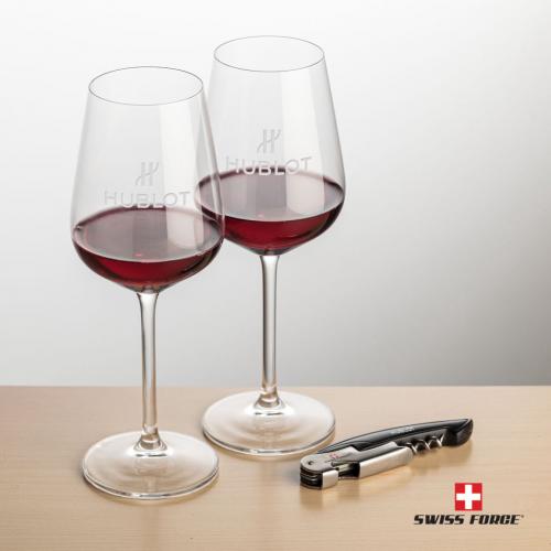 Corporate Gifts, Recognition Gifts and Desk Accessories - Etched Barware - Wine Glasses - Swiss Force® Opener & 2 Elderwood Wine