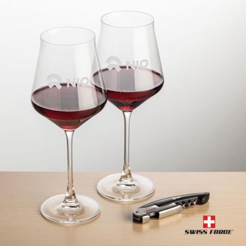 Corporate Gifts, Recognition Gifts and Desk Accessories - Etched Barware - Wine Glasses - Swiss Force® Opener & 2 Bretton Wine