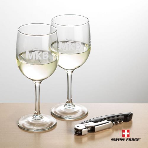 Corporate Gifts, Recognition Gifts and Desk Accessories - Etched Barware - Wine Glasses - Swiss Force® Opener & 2 Burton Wine