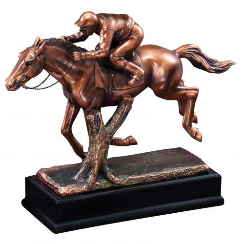 Corporate Awards - Resin Awards - Race Horse with Jockey Bronze Coated Award on Black Base
