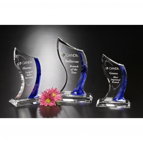 Corporate Awards - Crystal Awards - Colored Crystal - Blue & Clear Optical Crystal Curved Potomac Award