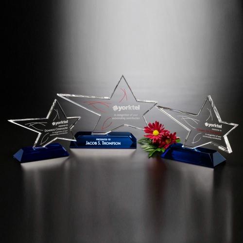 Corporate Awards - Crystal Awards - Star Awards - Clear Optical Crystal Rock Star Award on Blue Base