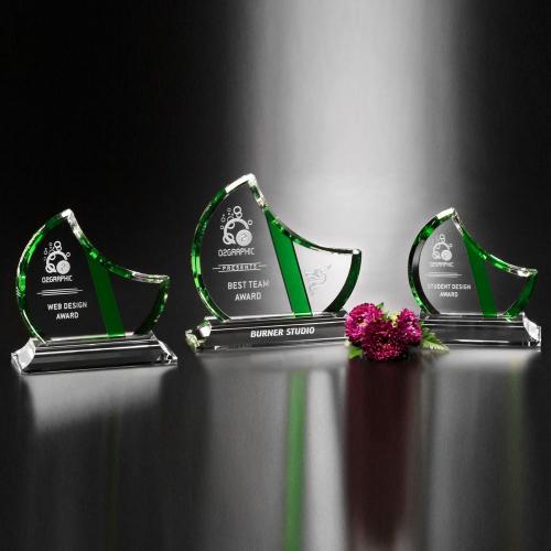 Corporate Awards - Crystal Awards - Colored Crystal - Gretna Emerald Clear & Green Optical Crystal Crescent Award
