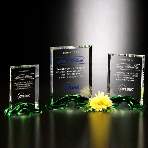 Corporate Awards - Crystal Awards - Colored Crystal - Greenbrier Optical Crystal Rectangle Award on Emerald Arch Base