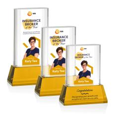 Merit Full Color Amber on Base Rectangle Crystal Award - Glass Awards