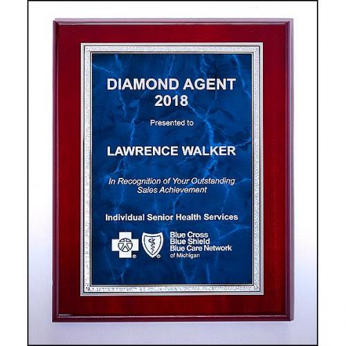 Corporate Awards - Award Plaques - Metal Plaques - Rosewood High Luster Plaque with Blue Marble in Silver Metal Frame