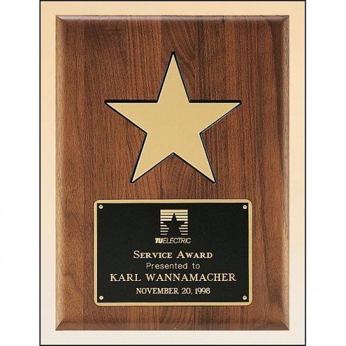 Corporate Awards - Award Plaques - Metal Plaques - Solid American Walnut Wood Plaque with Gold Aluminium Star